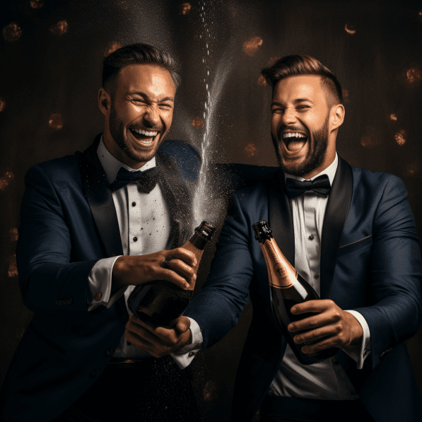 unmarried same sex couple popping champagne